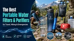 Portable water filter and purifier gear for travel, hiking, camping and emergency water safety