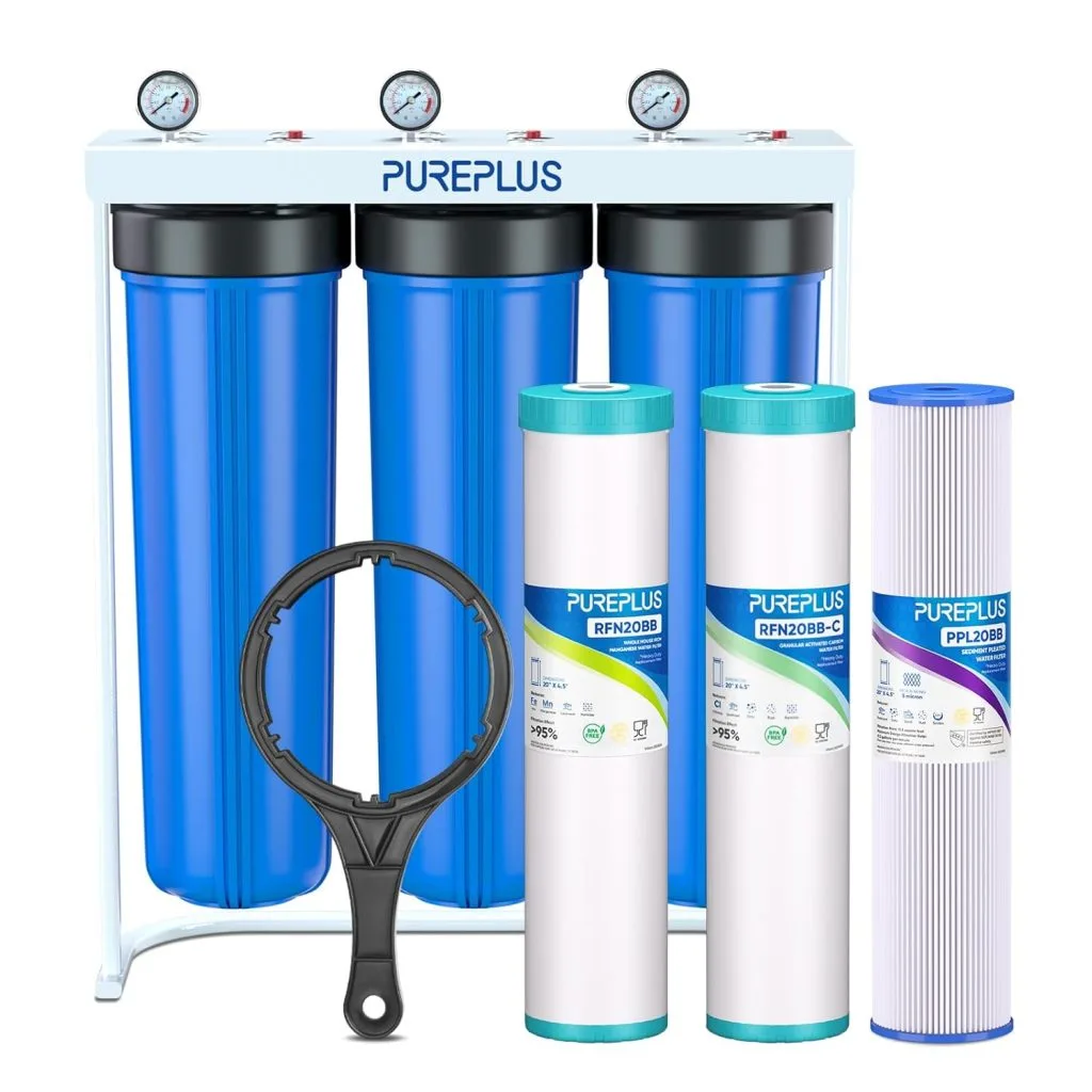 PUREPLUS 3-stage whole house water filter system with sediment and carbon filter cartridges and pressure gauges installed