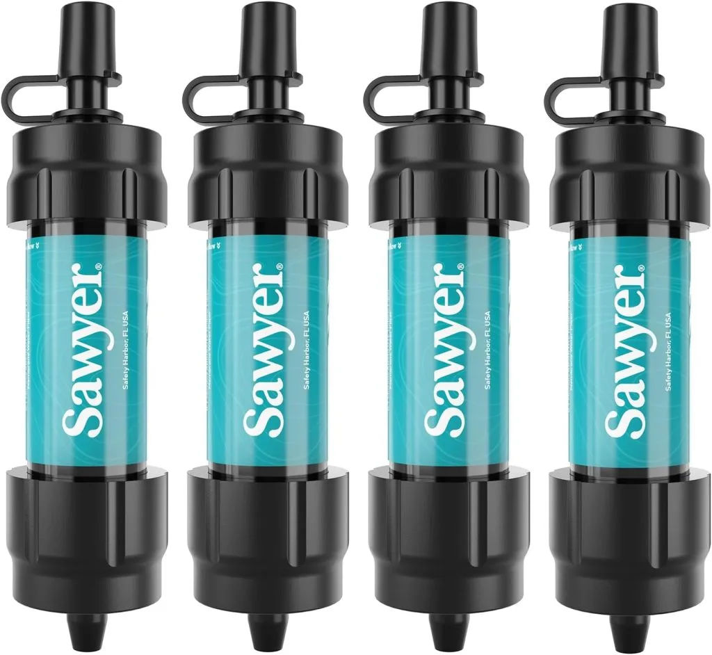 Sawyer mini portable water filter pack for outdoor use designed to remove bacteria and protozoa from drinking water