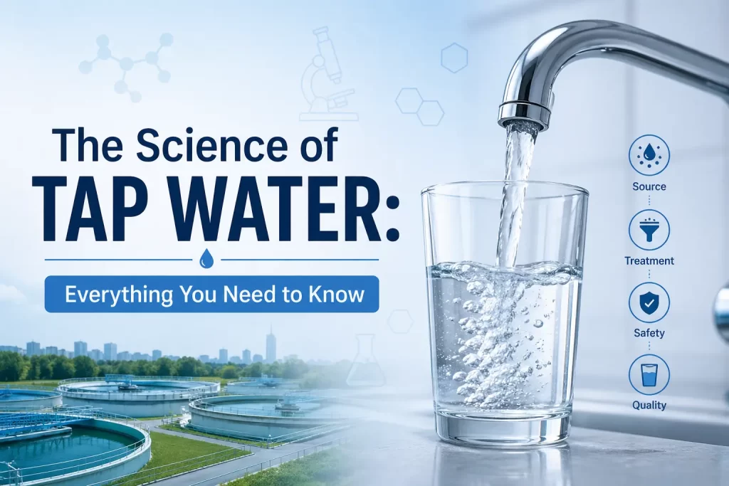 Science of tap water showing faucet filling glass with clean drinking water and treatment process illustration