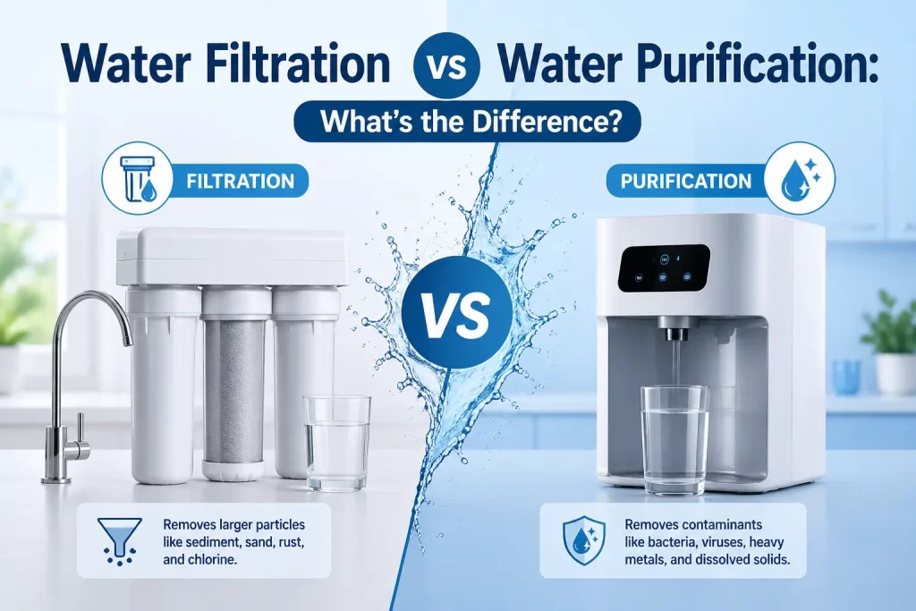 Water Filtration vs Water Purification comparison image showing a filtration system and purification machine for clean drinking water.