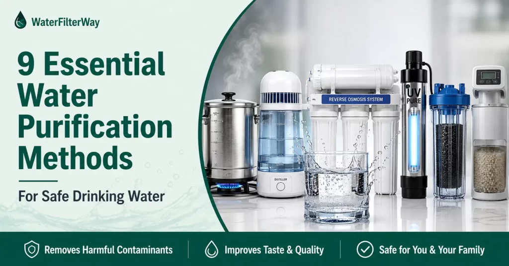 9 essential water purification methods including reverse osmosis, UV purification, distillation, boiling, activated carbon filtration, and ion exchange for safe drinking water.
