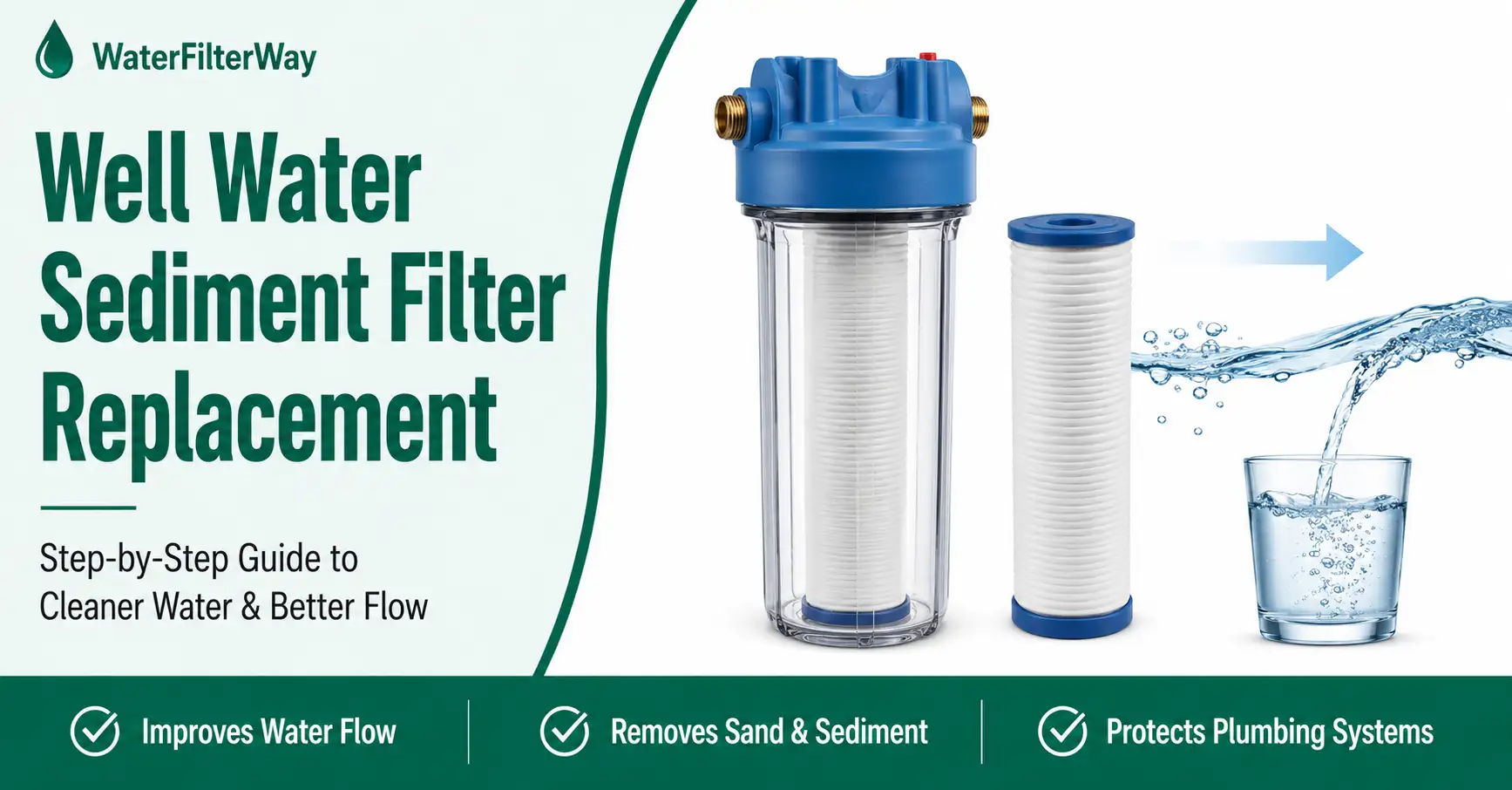 Well water sediment filter replacement guide showing a sediment filter housing, replacement cartridge, and clean water flow for home well water filtration.
