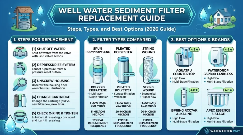 Infographic showing well water sediment filter replacement steps, filter types like pleated and spun, and top brand recommendations.
