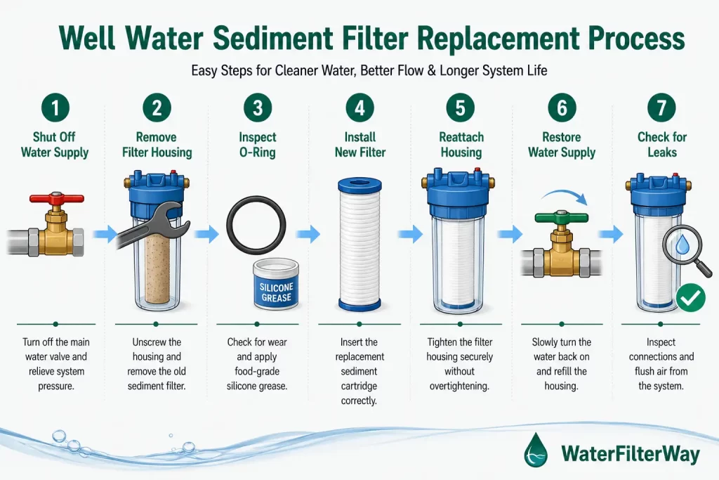 Step-by-step diagram showing the well water sediment filter replacement process, including shutting off water, removing the filter housing, inspecting O-rings, installing a new filter, restoring water flow, and checking for leaks.