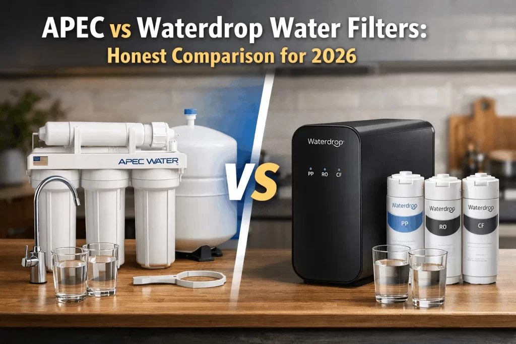 APEC and Waterdrop water filters displayed side by side for comparison