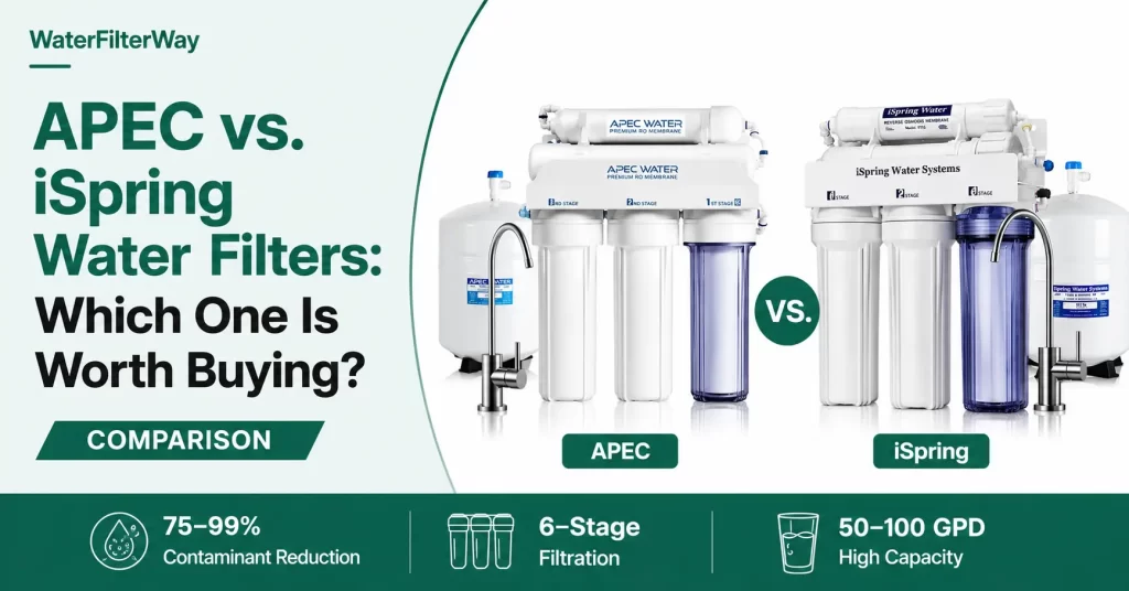 APEC and iSpring water filter systems placed side by side for comparison in a modern kitchen setting