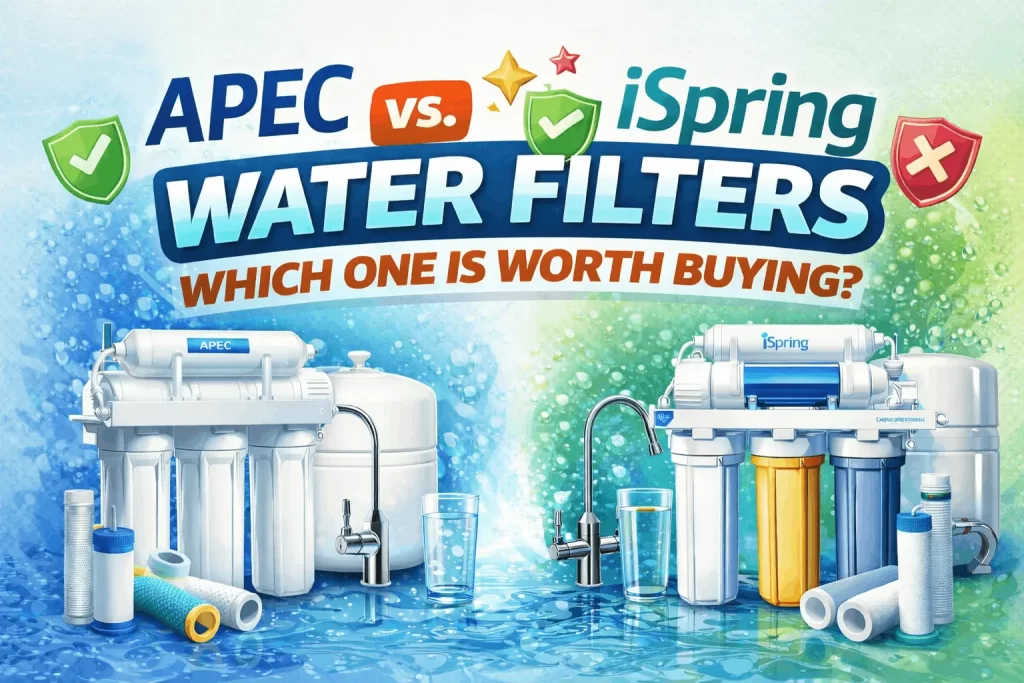 APEC and iSpring water filter systems placed side by side for comparison in a modern kitchen setting