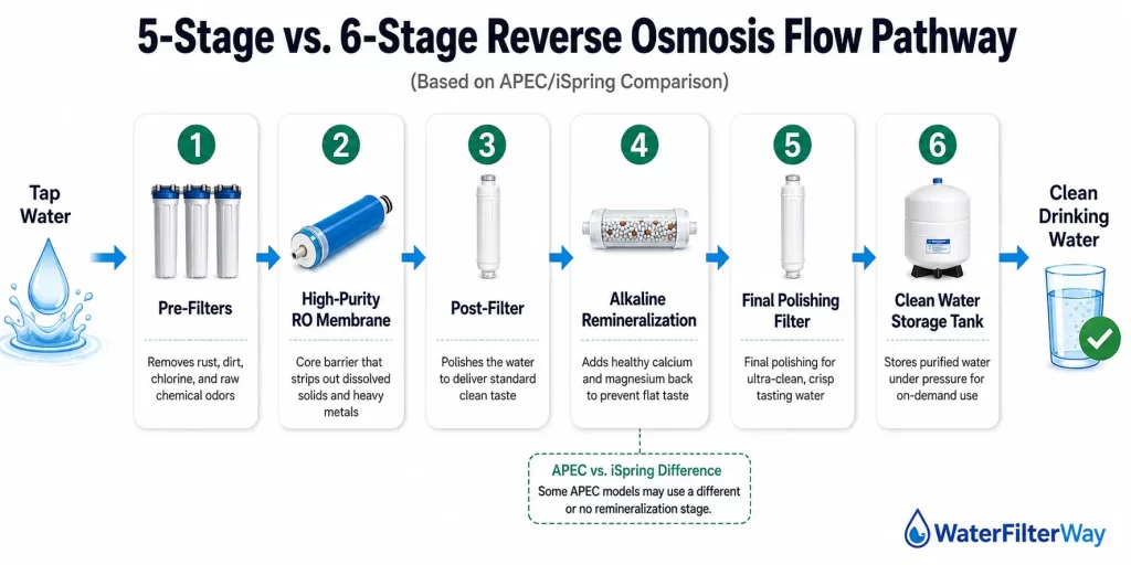 RO filtration flow infographic showing tap water passing through pre-filters, RO membrane, post-filter, alkaline remineralization, final polishing, and storage tank before clean drinking water output.
