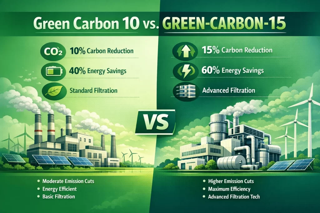 Green Carbon 10 and Green Carbon 15 whole house water filtration systems displayed side by side for comparison.