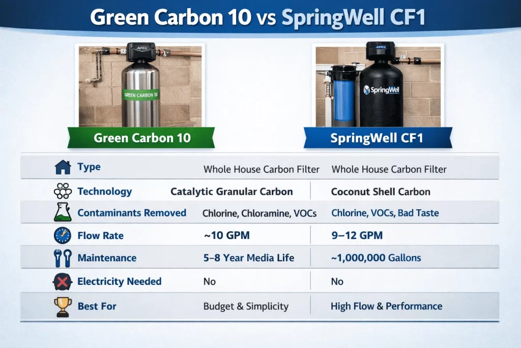 Green Carbon 10 and SpringWell CF1 whole house water filtration systems displayed side by side for comparison