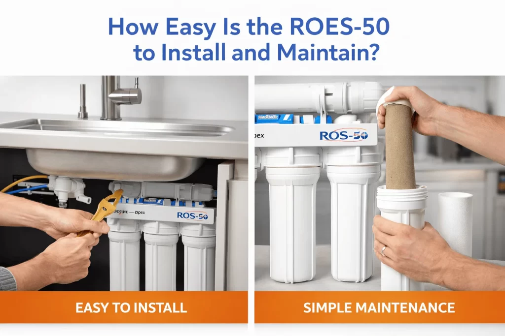 ROES-50 five-stage under-sink reverse osmosis water filtration system with filter cartridges and storage tank for home drinking water purification.