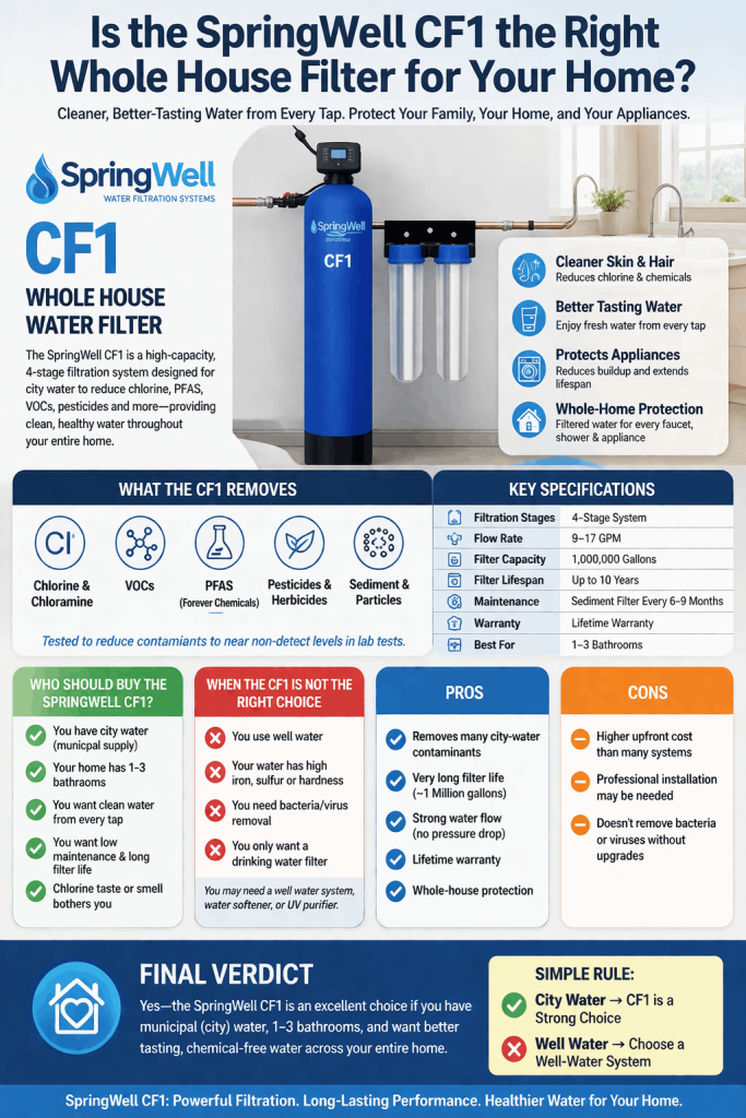 
SpringWell CF1 whole house water filter system review — filtration performance, flow rate, maintenance, pricing, and who it is best for
