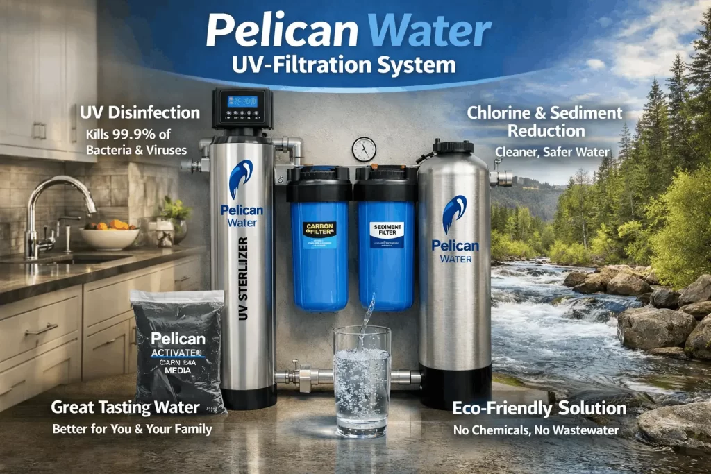 Pelican Pentair PC600 whole house water filter system, NSF/ANSI 42 certified, reduces 97% chlorine, 1-3 bathrooms, low maintenance