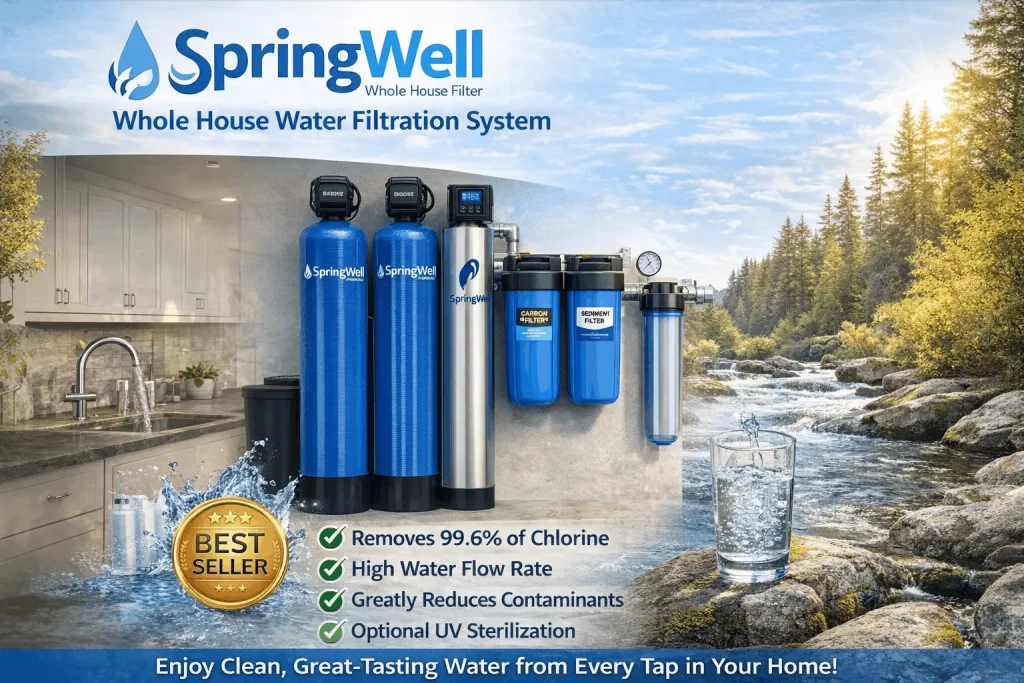 SpringWell CF1 whole house water filter system, 4-stage KDF and catalytic carbon filtration, 9 GPM, removes chlorine, PFAS, VOCs, city water, 1-3 bathrooms