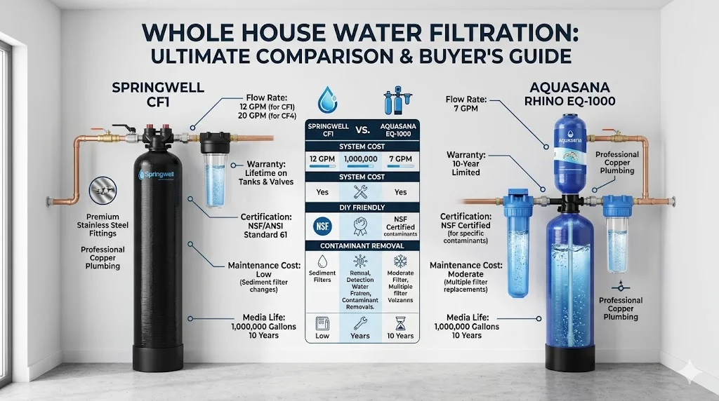 SpringWell CF1 vs Aquasana Rhino EQ-1000 whole house water filter comparison