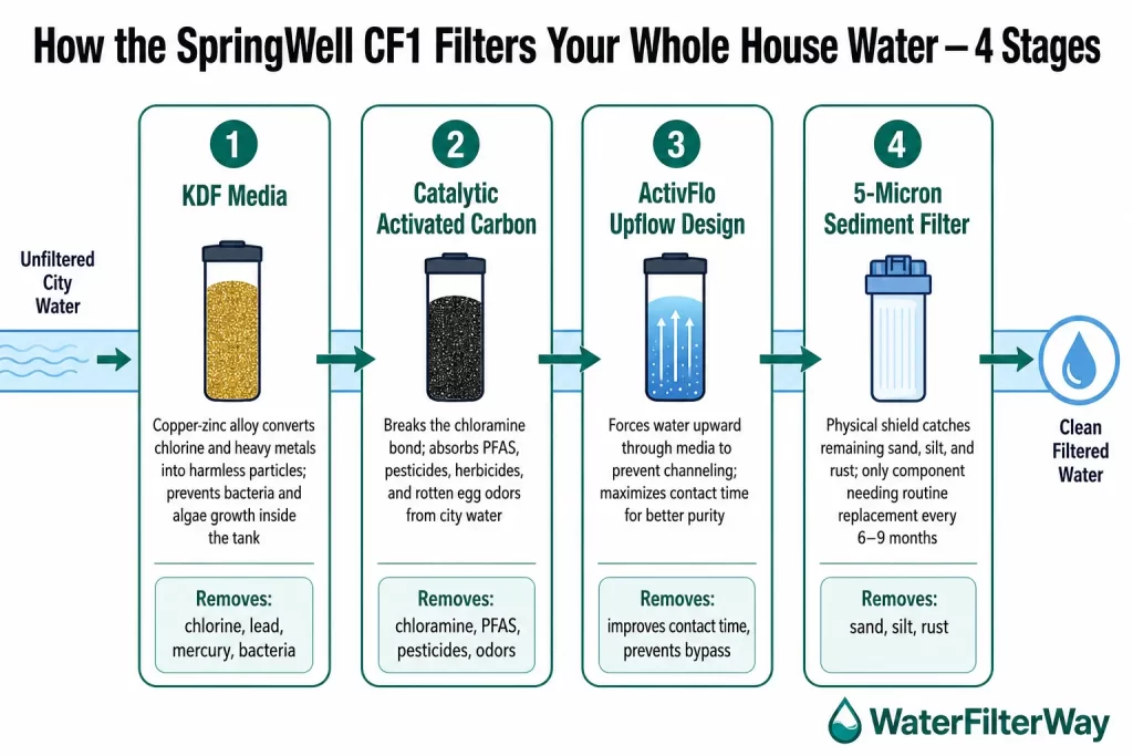 visual representation of Stages of the SpringWell CF1 filter for whole house water
