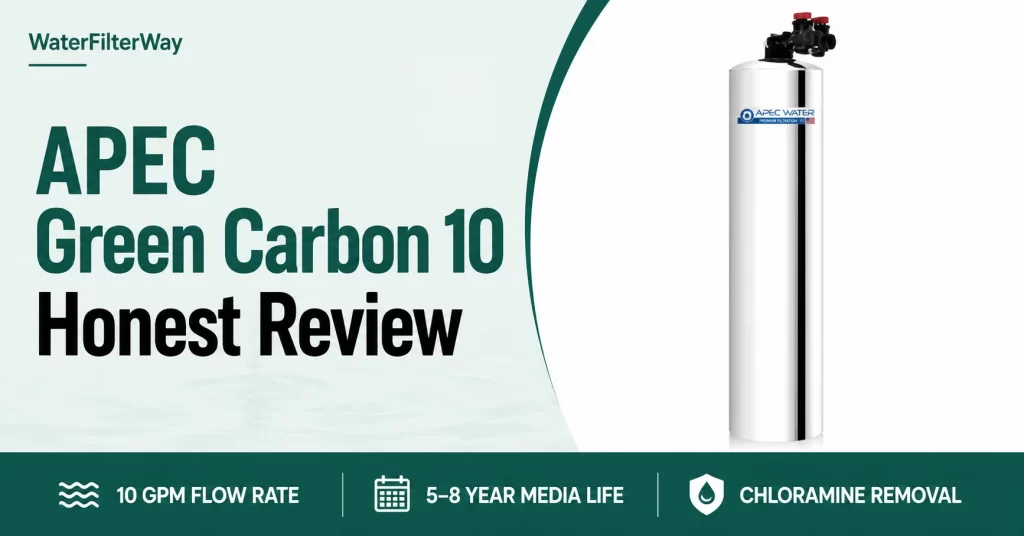 APEC Green Carbon 10 whole house carbon water filter featured in an honest review covering 10 GPM flow rate, chloramine removal, and 5–8 year media life