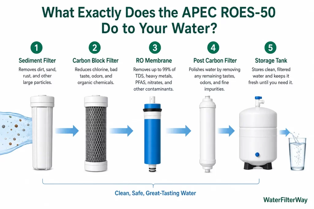 APEC ROES-50 5-stage reverse osmosis water filtration process diagram showing water flow from left to right through a sediment filter, carbon block filter, RO membrane, post-carbon filter, and storage tank, illustrating how contaminants are removed to produce clean drinking water.