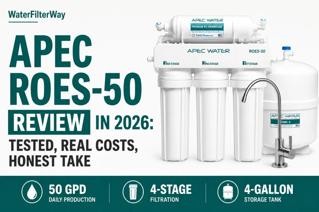 APEC ROES-50 reverse osmosis water filtration system featuring a 5-stage filtration process, contaminant removal performance, maintenance costs, and long-term ownership value in 2026.