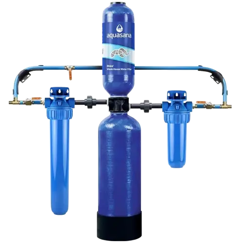 Aquasana whole house water filter system with carbon and KDF media, rated for 1,000,000 gallons and designed to reduce up to 97% of chlorine and sediment throughout the home.