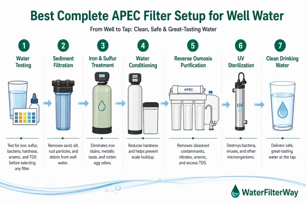 Educational diagram showing the complete APEC well water filtration process, including water testing, sediment filtration, iron and sulfur treatment, water conditioning, reverse osmosis purification, UV sterilization, and clean drinking water.