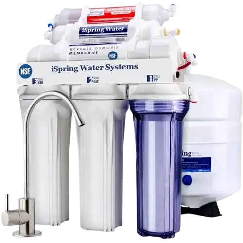 iSpring RCC7AK 6-stage reverse osmosis water filtration system with alkaline remineralization filter and storage tank installed under sink