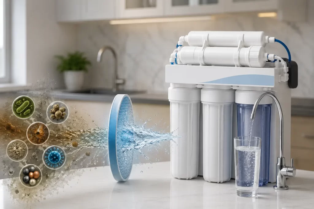 Reverse osmosis water filtration system removing contaminants from water, showing polluted water passing through a filtration membrane and emerging as clean drinking water in a modern kitchen.
