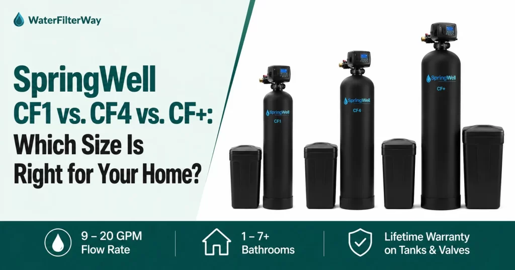 SpringWell CF1 vs CF4 vs CF+ whole house water filter comparison showing the three system sizes for different home and bathroom capacities.