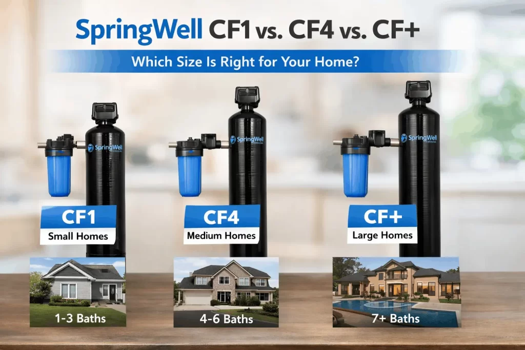 SpringWell CF1 vs CF4 vs CF+ whole house water filter size comparison 2026