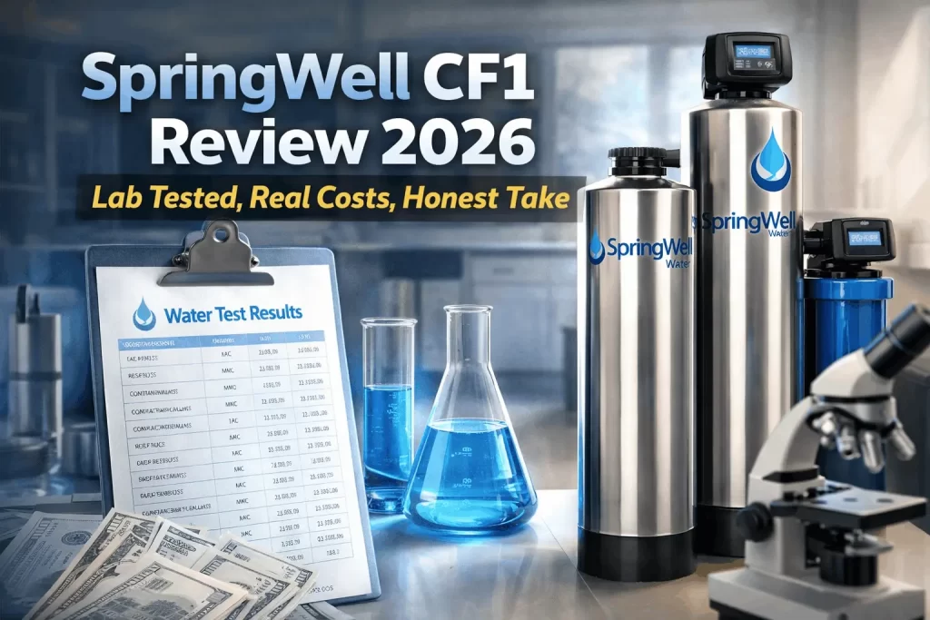 SpringWell CF1 whole house water filter system installed on utility room pipes.