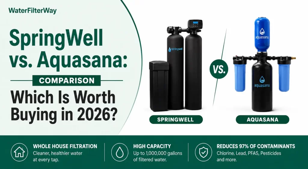SpringWell CF1 and Aquasana Rhino EQ-1000 whole house water filters compared side by side with flow rate, warranty, and 10-year ownership cost comparison for 2026.