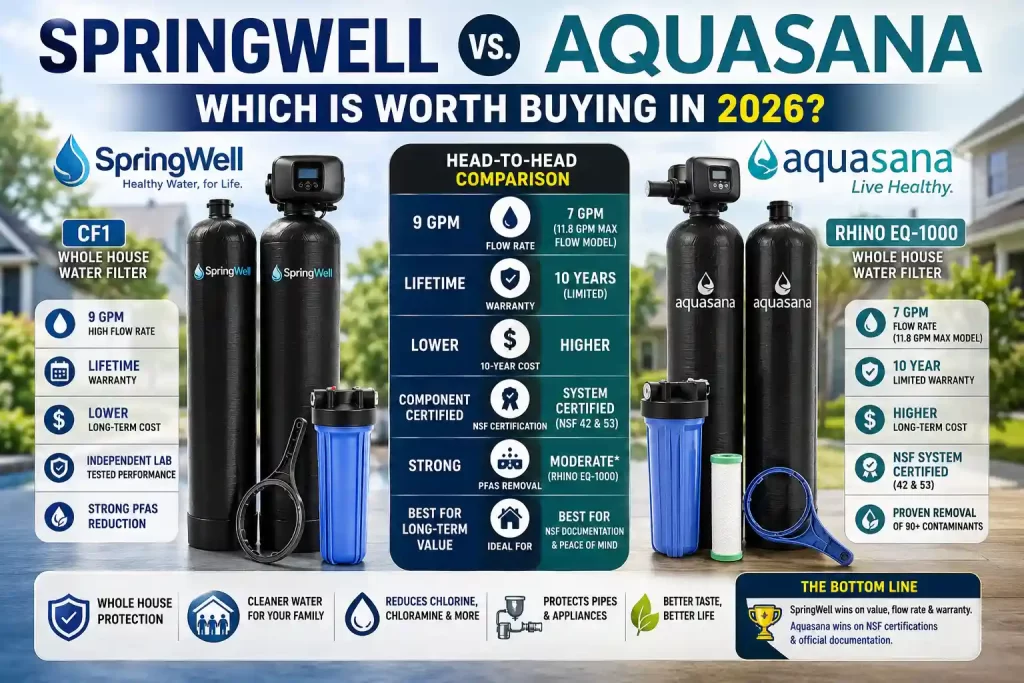 SpringWell CF1 and Aquasana Rhino EQ-1000 whole house water filtration systems compared for flow rate, warranty, NSF certifications, maintenance costs, and PFAS reduction in 2026.