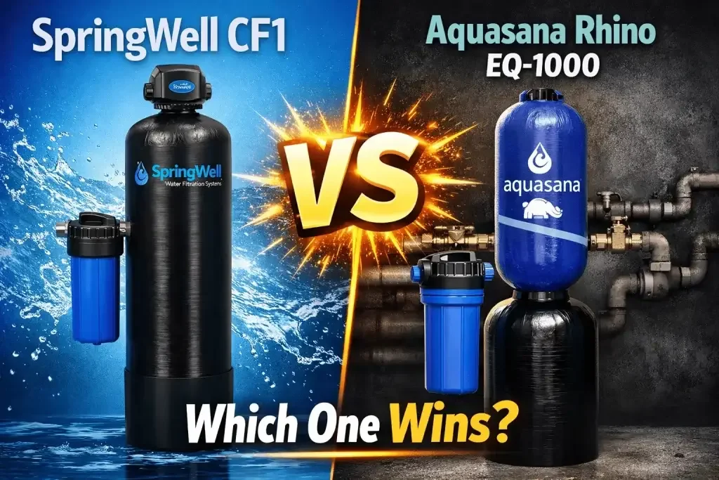 SpringWell CF1 vs Aquasana Rhino EQ-1000 whole house water filter comparison showing features and design differences