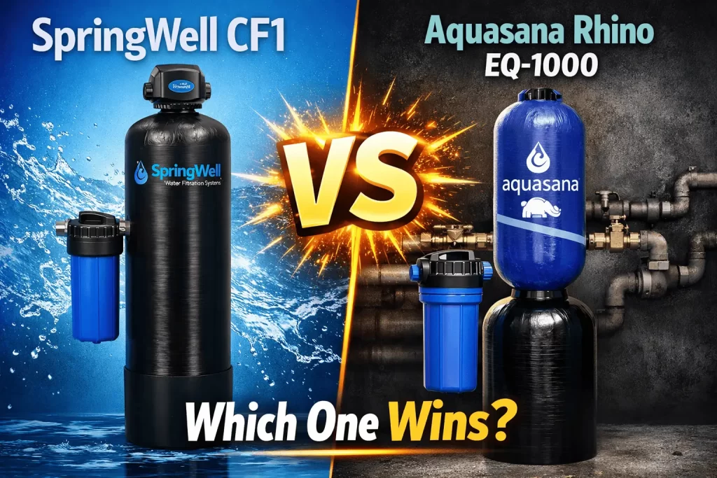SpringWell CF1 vs Aquasana Rhino EQ-1000 whole house water filter comparison table — filtration, flow rate, PFAS, NSF, cost, warranty