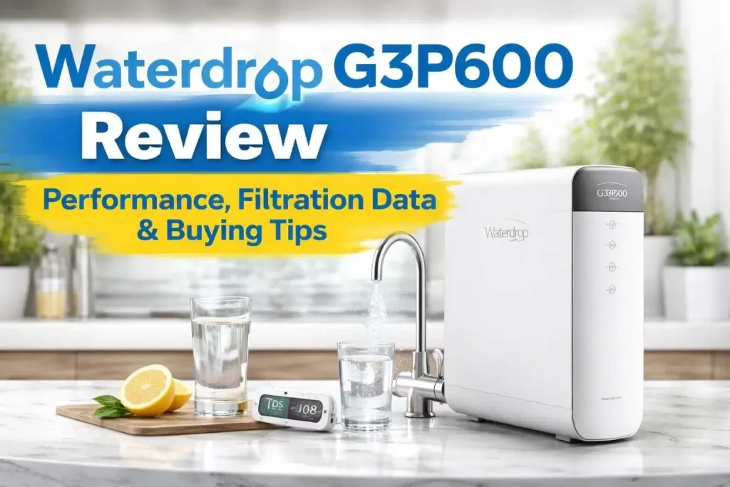 Waterdrop G3P600 reverse osmosis system on kitchen counter with clean drinking water