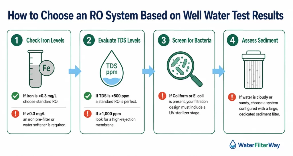 Educational diagram explaining how to choose an RO system based on well water test results by checking iron levels, TDS, bacteria, and sediment in a four-step process.