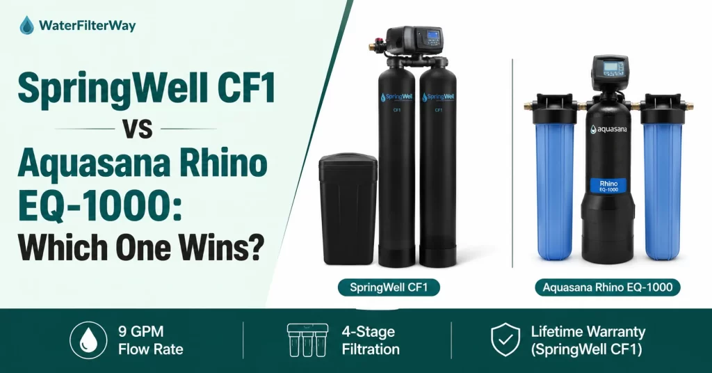 SpringWell CF1 vs Aquasana Rhino EQ-1000 whole house water filter comparison showing both filtration systems and key performance differences.