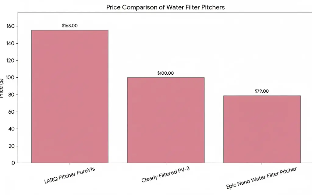 Price comparison chart of water filter pitchers showing LARQ PureVis Clearly Filtered PV3 and Epic Nano prices