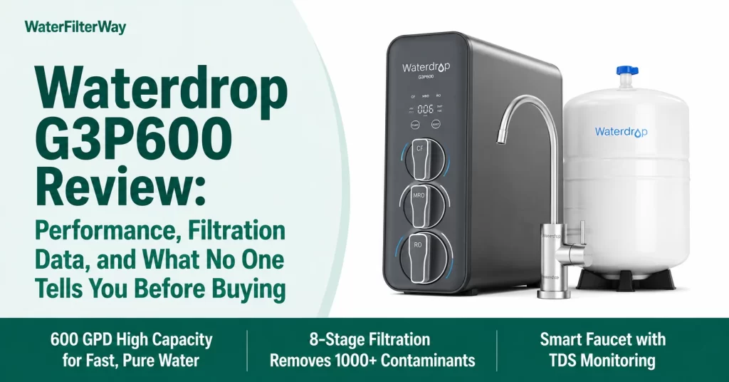 Waterdrop G3P600 tankless reverse osmosis system review featuring 600 GPD filtration, smart faucet with TDS monitoring, and advanced multi-stage water purification.