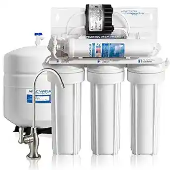 APEC RO-PERM reverse osmosis system showing passive hydraulic permeate pump technology for improved water efficiency, reduced wastewater, and enhanced under-sink filtration performance