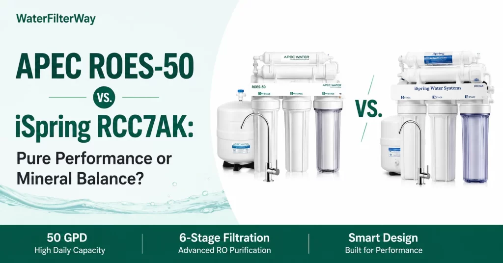 APEC ROES-50 vs iSpring RCC7AK reverse osmosis system comparison showing pure filtration, alkaline remineralization, TDS levels, and 5-stage vs 6-stage RO performance.