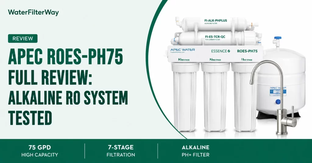 APEC ROES-PH75 alkaline reverse osmosis system installed under a kitchen sink showing multi-stage filtration and mineral enhancement technology