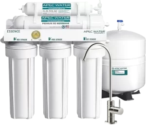 APEC ROES-50 reverse osmosis water filtration system with multiple filter stages for clean and safe drinking water.