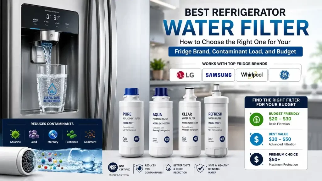 Best refrigerator water filter guide showing fridge-compatible water filters, clean drinking water dispenser, contaminant reduction, and budget-friendly filtration options in a modern kitchen.