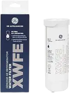GE XWFE refrigerator water filter cartridge installed inside a modern fridge for clean and filtered drinking water.