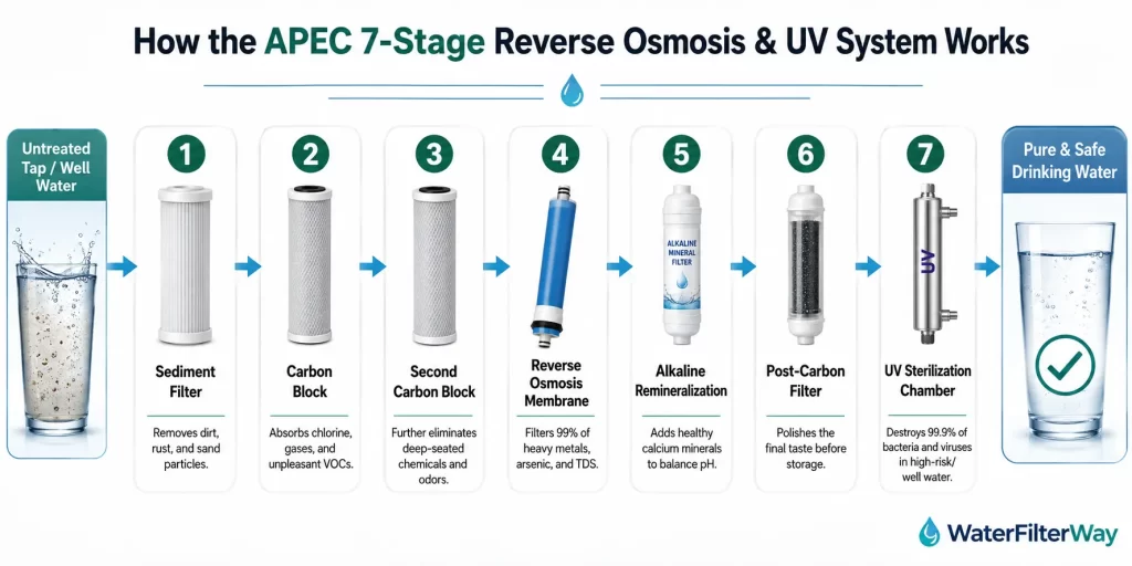 APEC 7-stage reverse osmosis and UV filtration infographic showing each purification stage from untreated water to safe drinking water.
