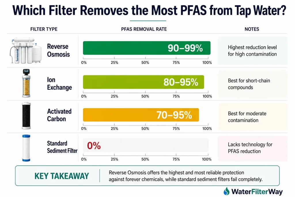 PFAS removal comparison chart showing reverse osmosis, ion exchange, activated carbon, and sediment filter effectiveness.