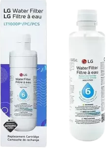 LG LT1000P refrigerator water filter cartridge installed inside a modern LG fridge for clean drinking water and ice filtration.