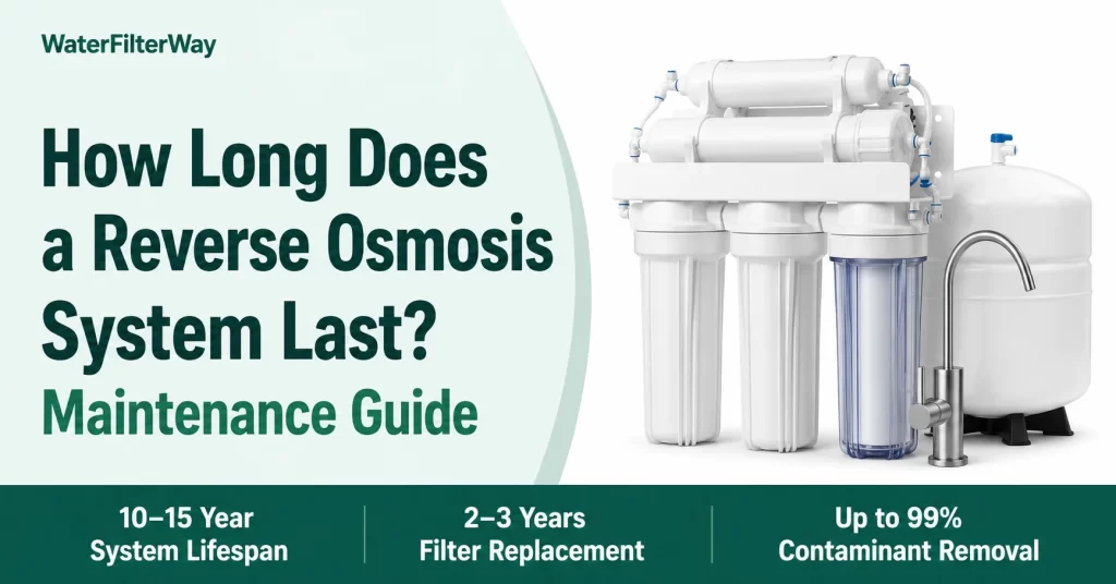 Infographic showing how long a reverse osmosis system lasts, including a 10-15 year lifespan, 2026 maintenance schedule, and component replacement costs.
